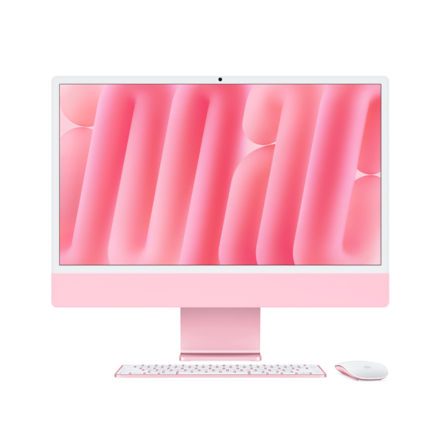 Apple iMac 24 pulgadas Retina 4.5K M4 rosa vista frontal con teclado y ratón